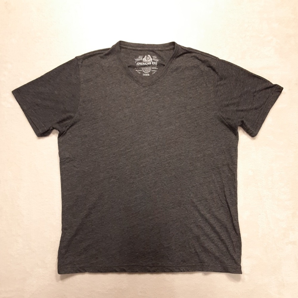 American Rag Mens V-Neck T-Shirt Black Heather Large Cotton Blend Short Sleeve